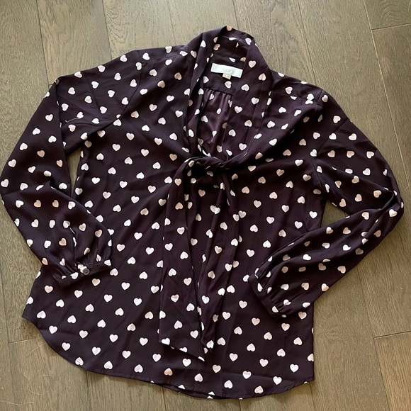 LOFT Burgundy Heart Printed Blouse - Picture 1 of 10